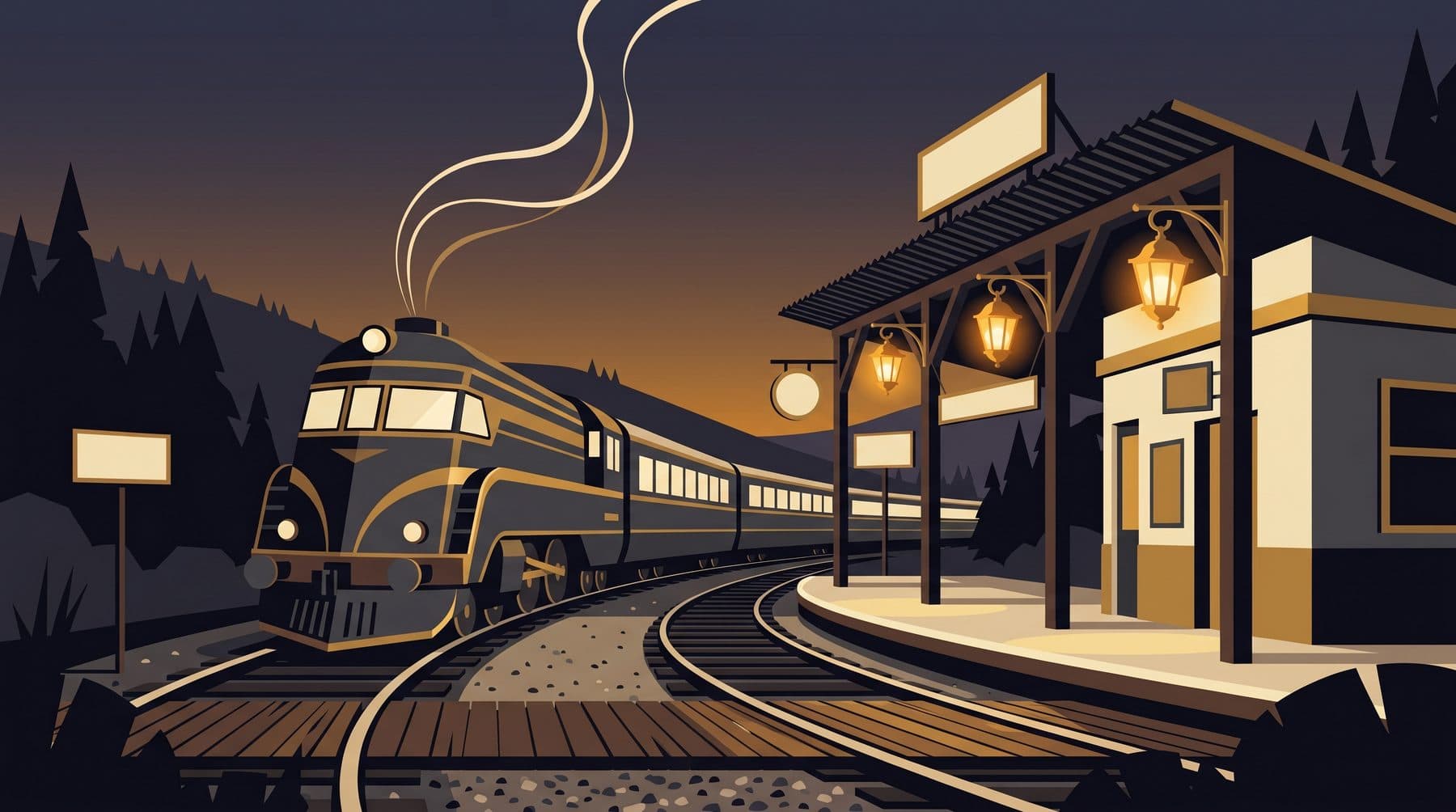 Ilustrație — tren rapid sosind într-o gară la asfințit